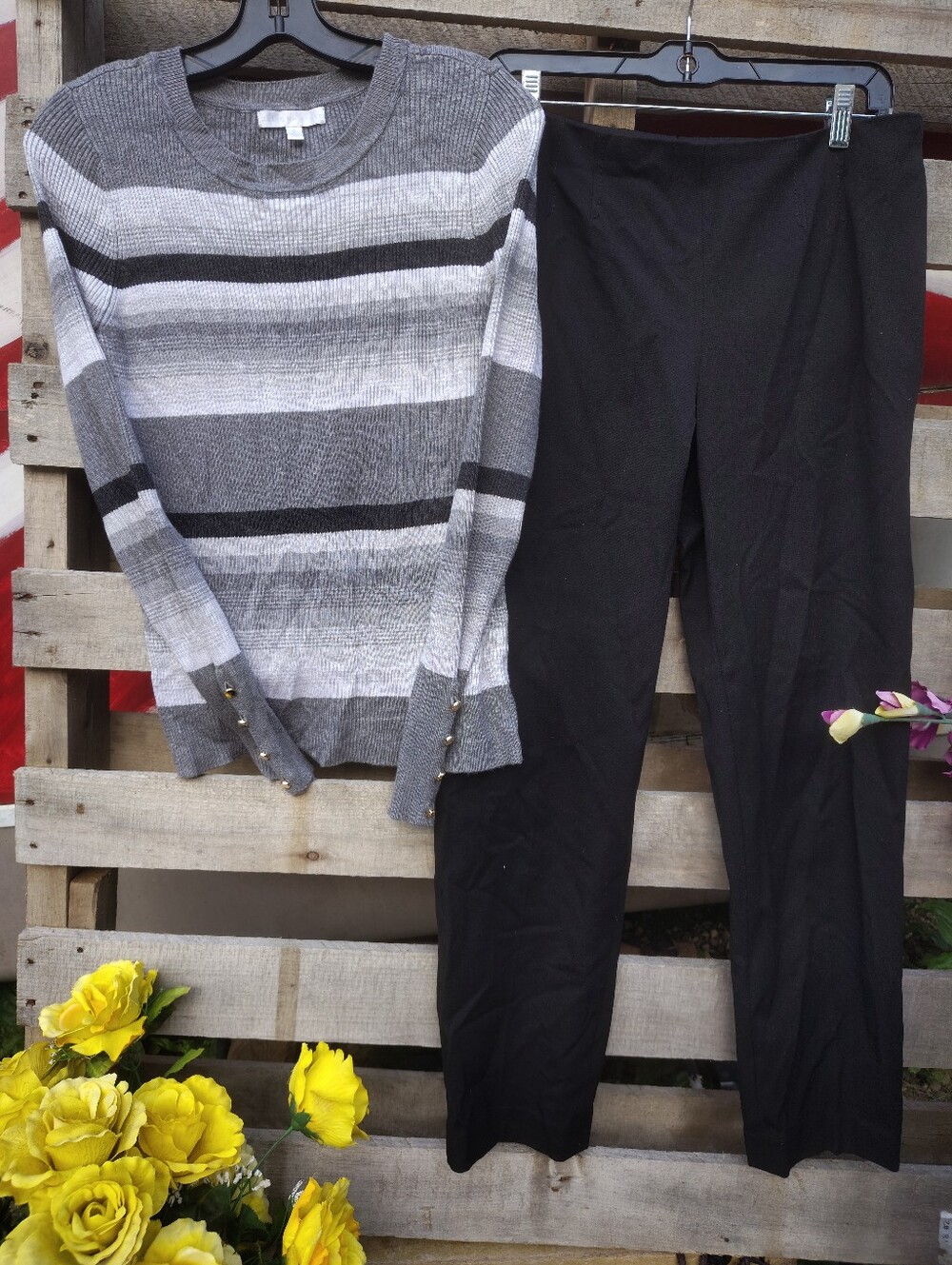 Design History Gray & Black Striped Sweater with Black Ponte Leggings